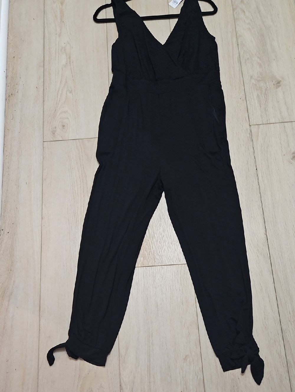 Loft Sleeveless Black V-Neck Jumpsuit with Tie Ankles